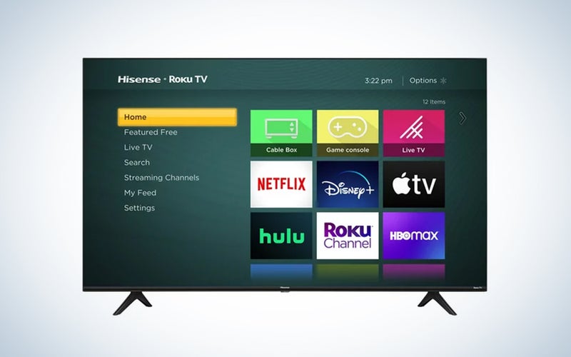 A 65-inch Hisense Roku TV on a blue and white background