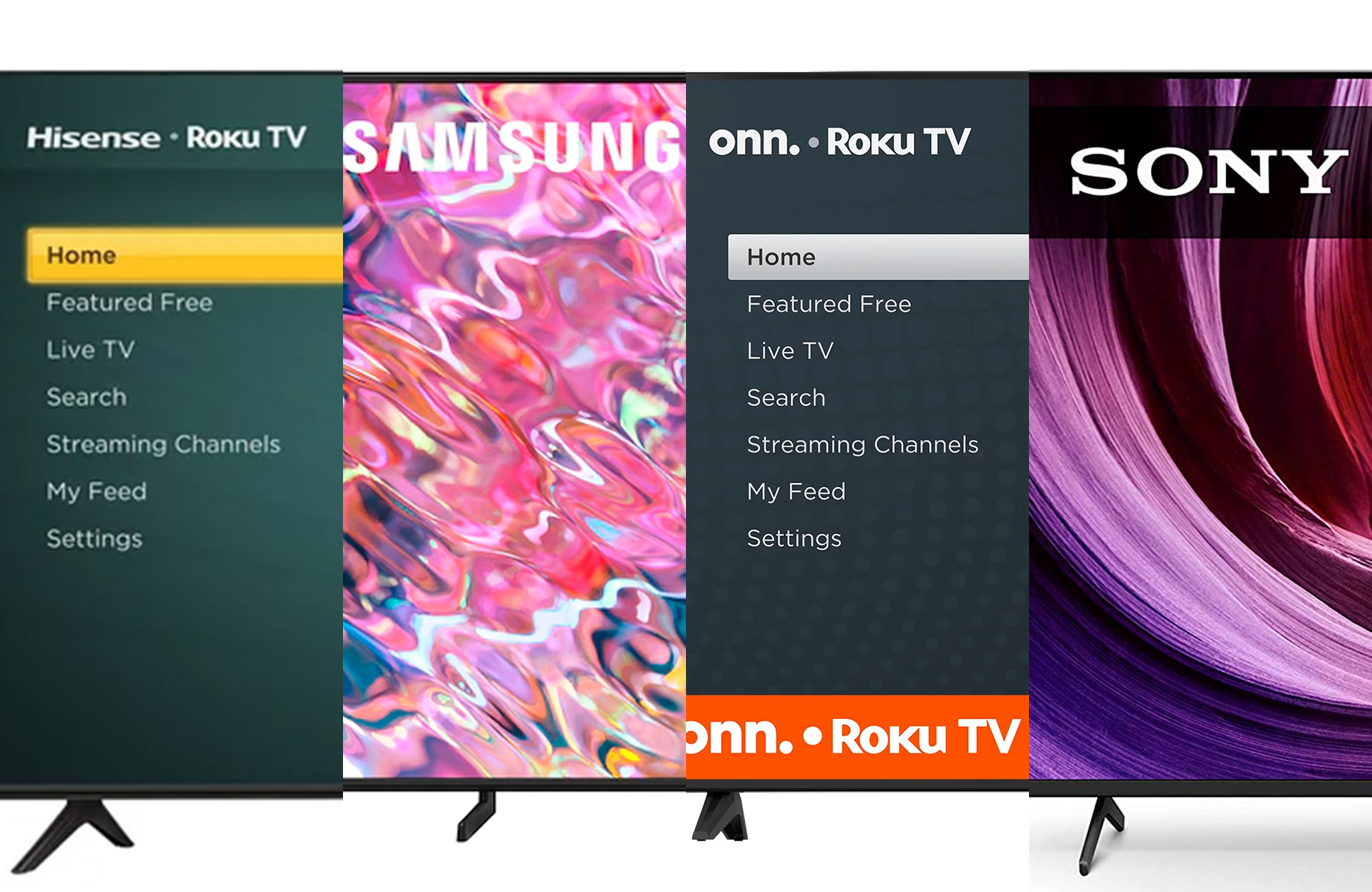 A lineup of TVs on sale on a white background