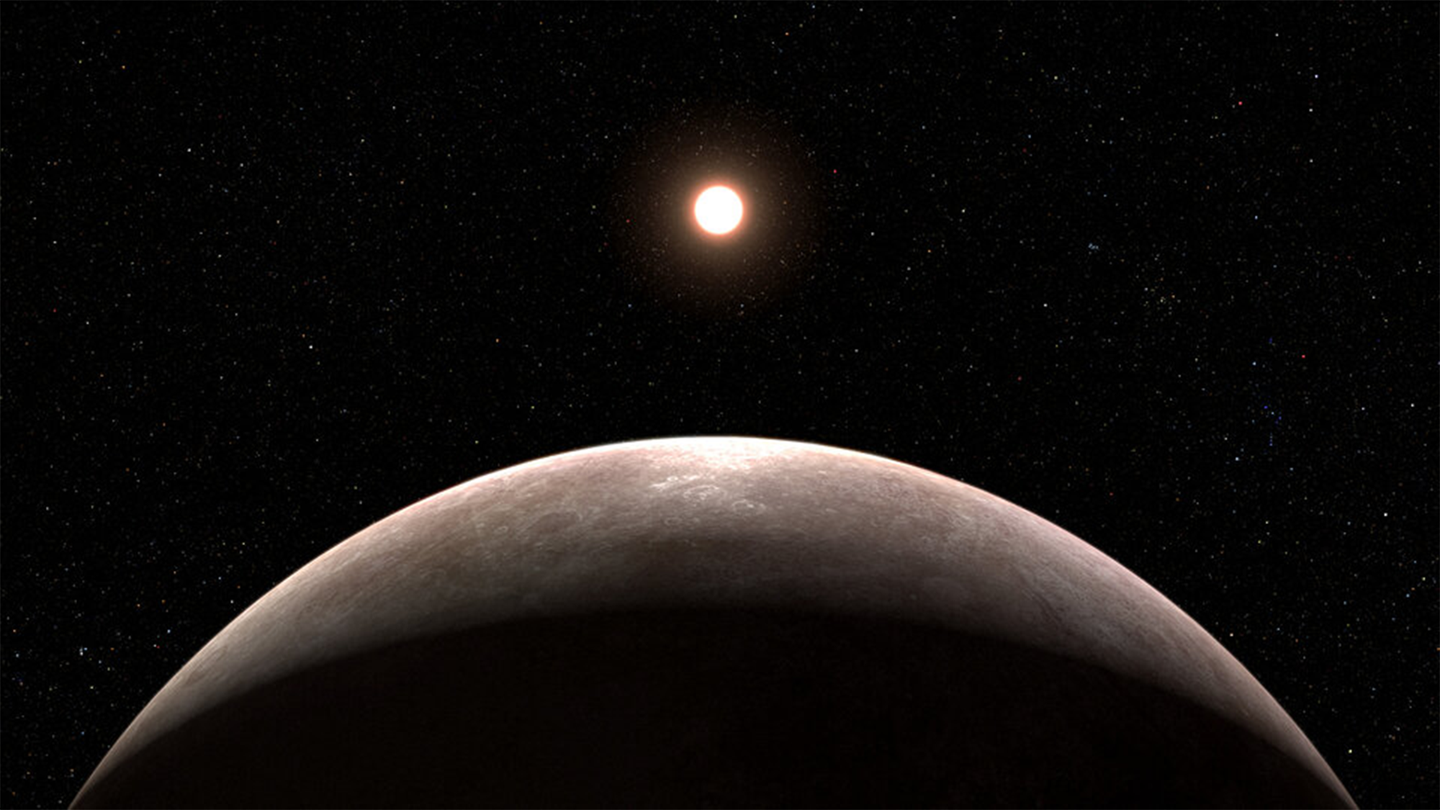 Exoplanet LHS 475 b and its star detected by the James Webb Space Telescope in an artist's rendition