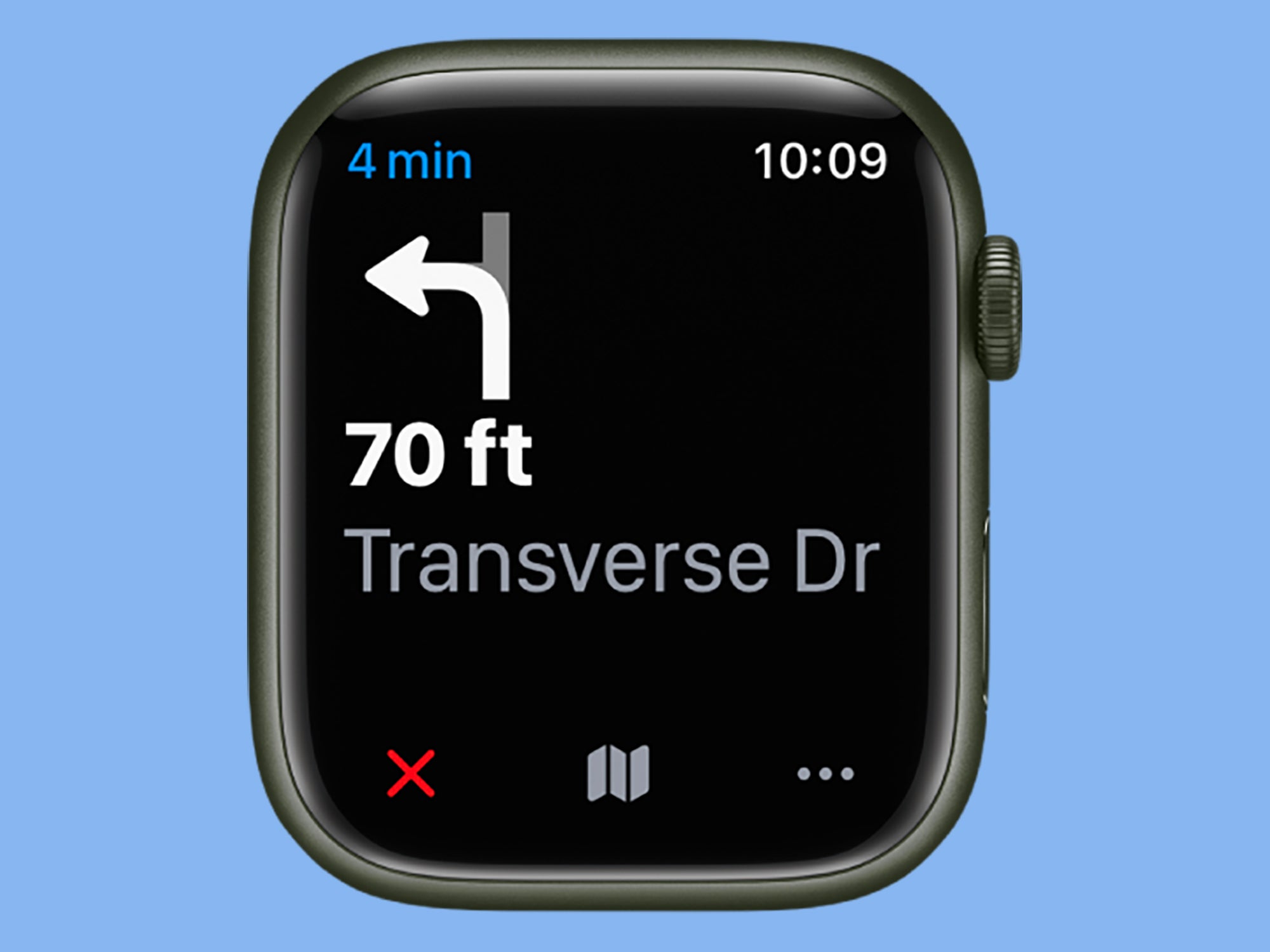 An Apple Watch Maps navigation screen, showing a left turn onto Transverse Drive in 70 feet.