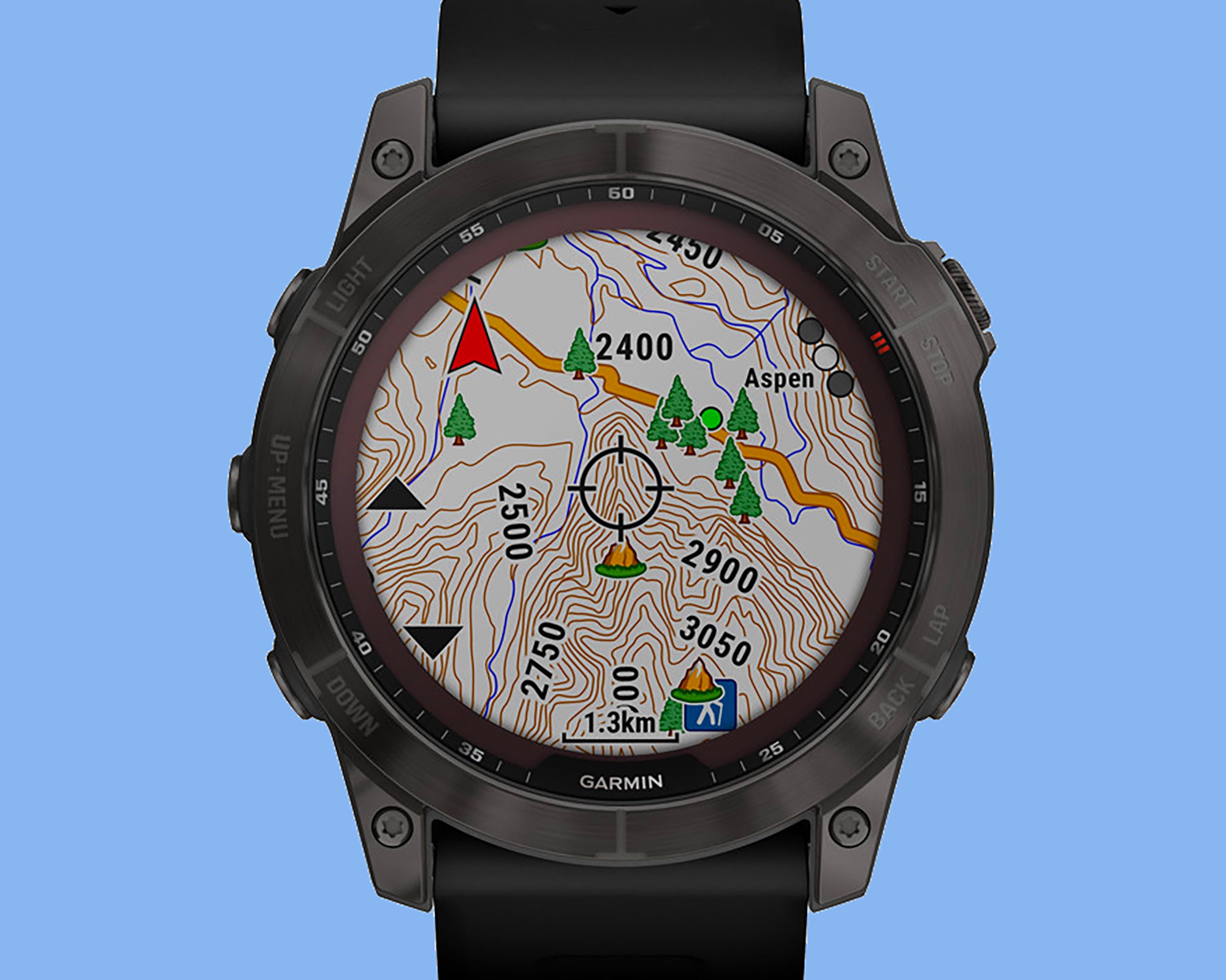 A Garmin Fenix 7 smartwatch showing its maps and navigation display.