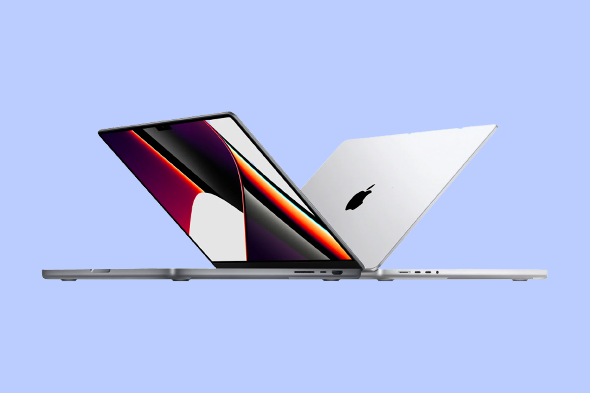 Two M1 MacBooks on a periwinkle background