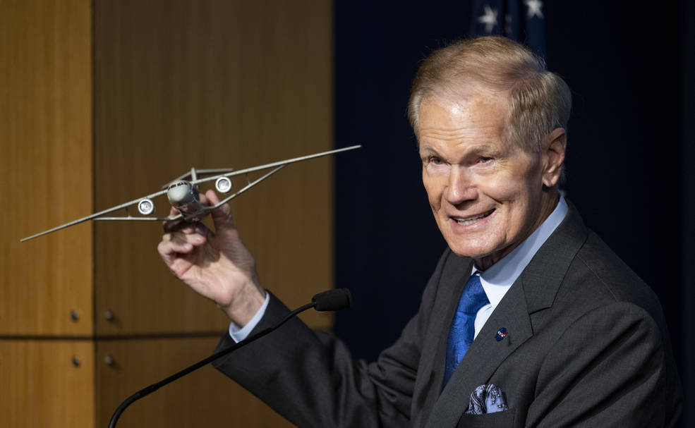 NASA's administrator, Bill Nelson, with a model of the TTBW design.