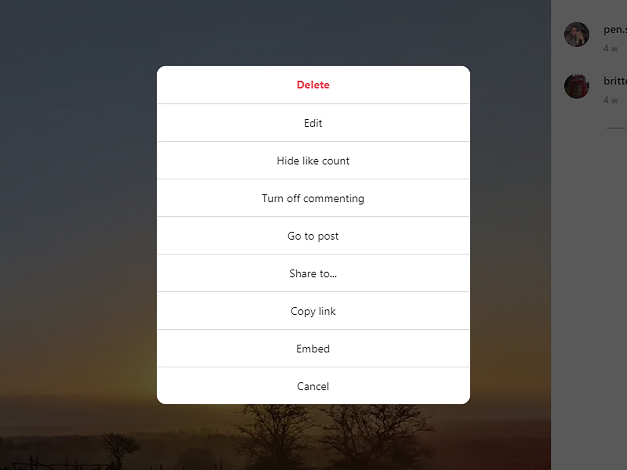The options menu for editing and deleting an Instagram post on the web.