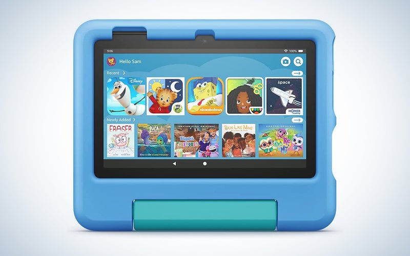A blue Amazon Fire 7 Kids tablet on a blue and white background