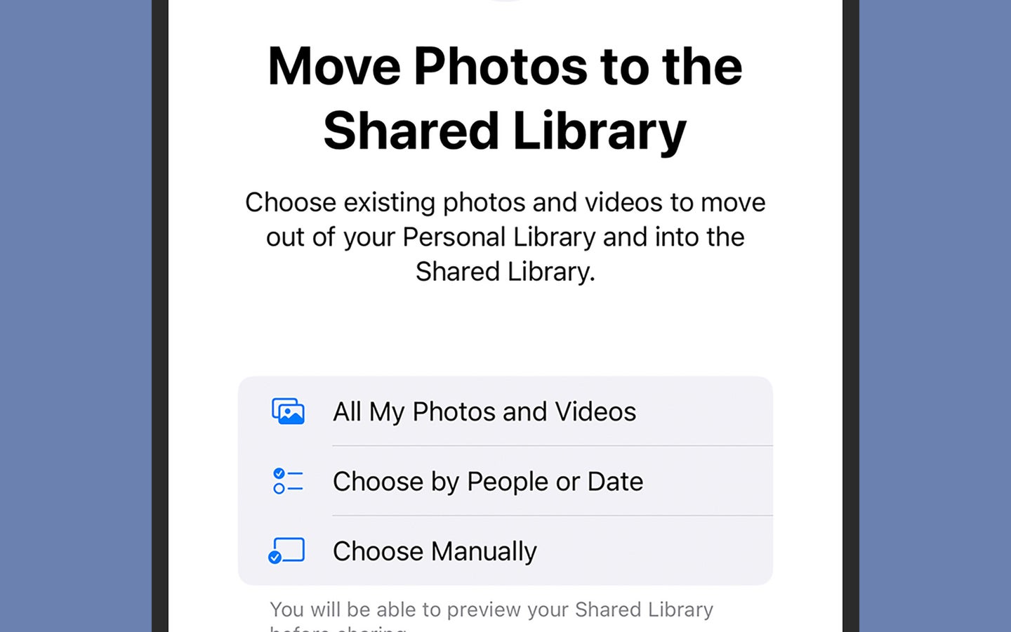 screenshot of iOS's new feature Shared Libraries menu