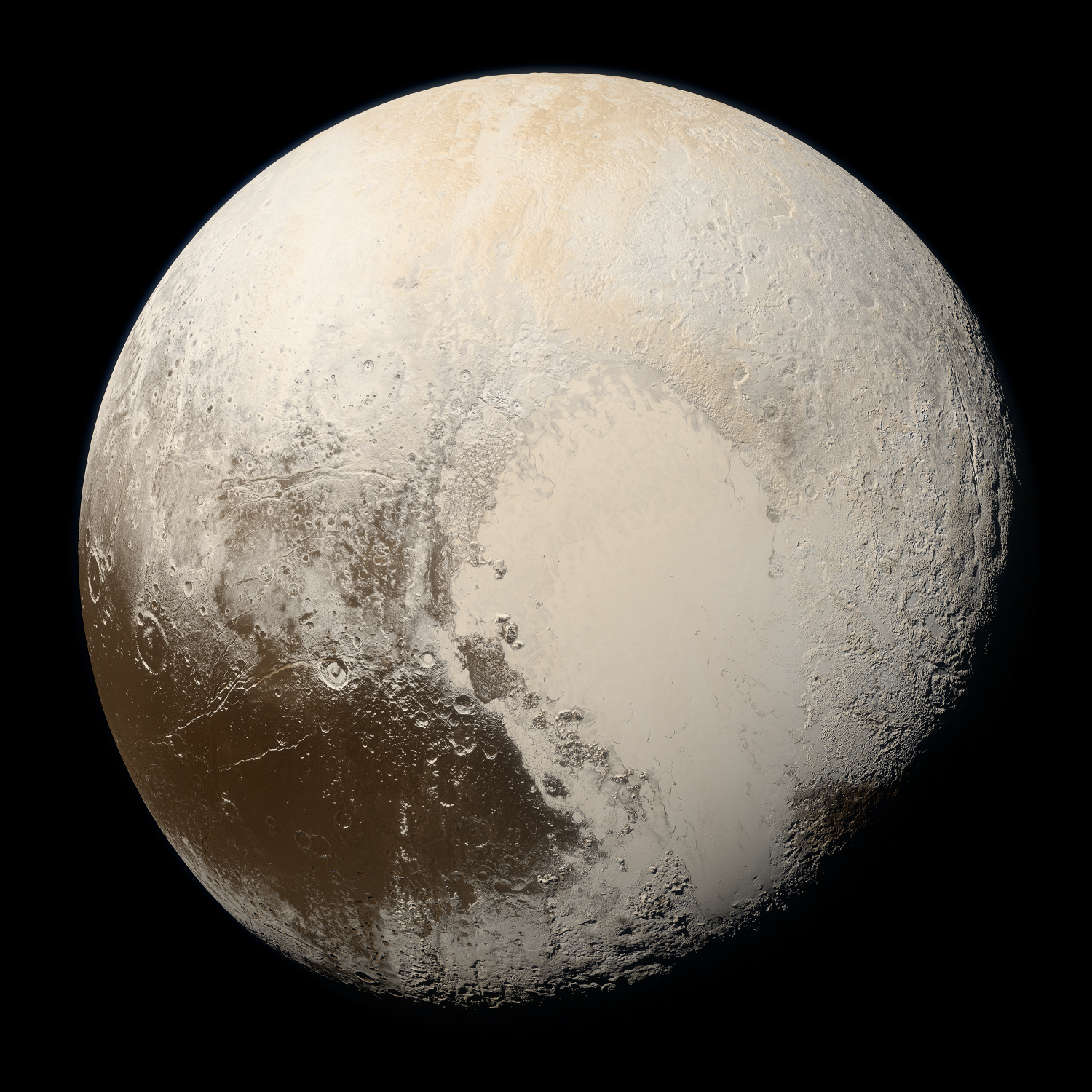 Pluto the dwarf planet in natural grays and browns. Taken by NASA's New Horizons probe.