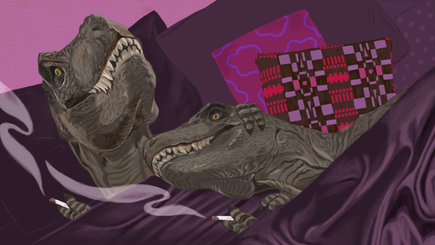 Two T. rex dinosaurs cuddling in bed after sex. Illustration in pink, purple, and gray.