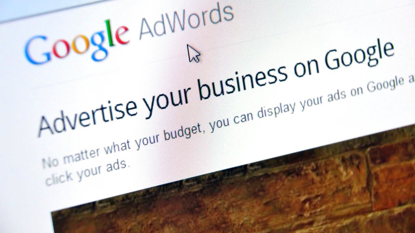 Google AdWords homepage close up with hovering mouse cursor