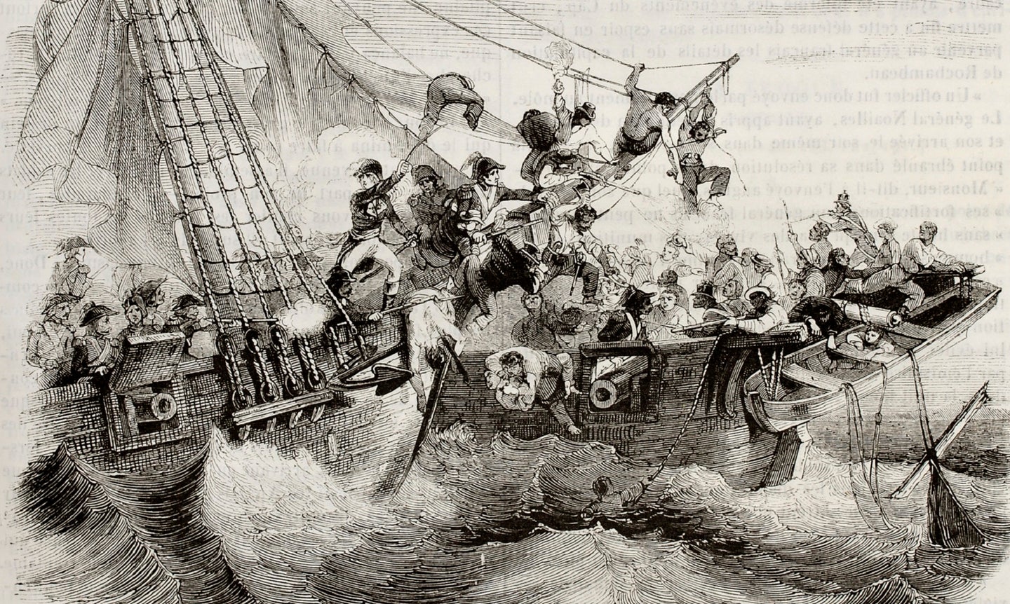 British navy boarding a ship where many sailors are sickened by scurvy from vitamin deficiency. Black and white illustration.