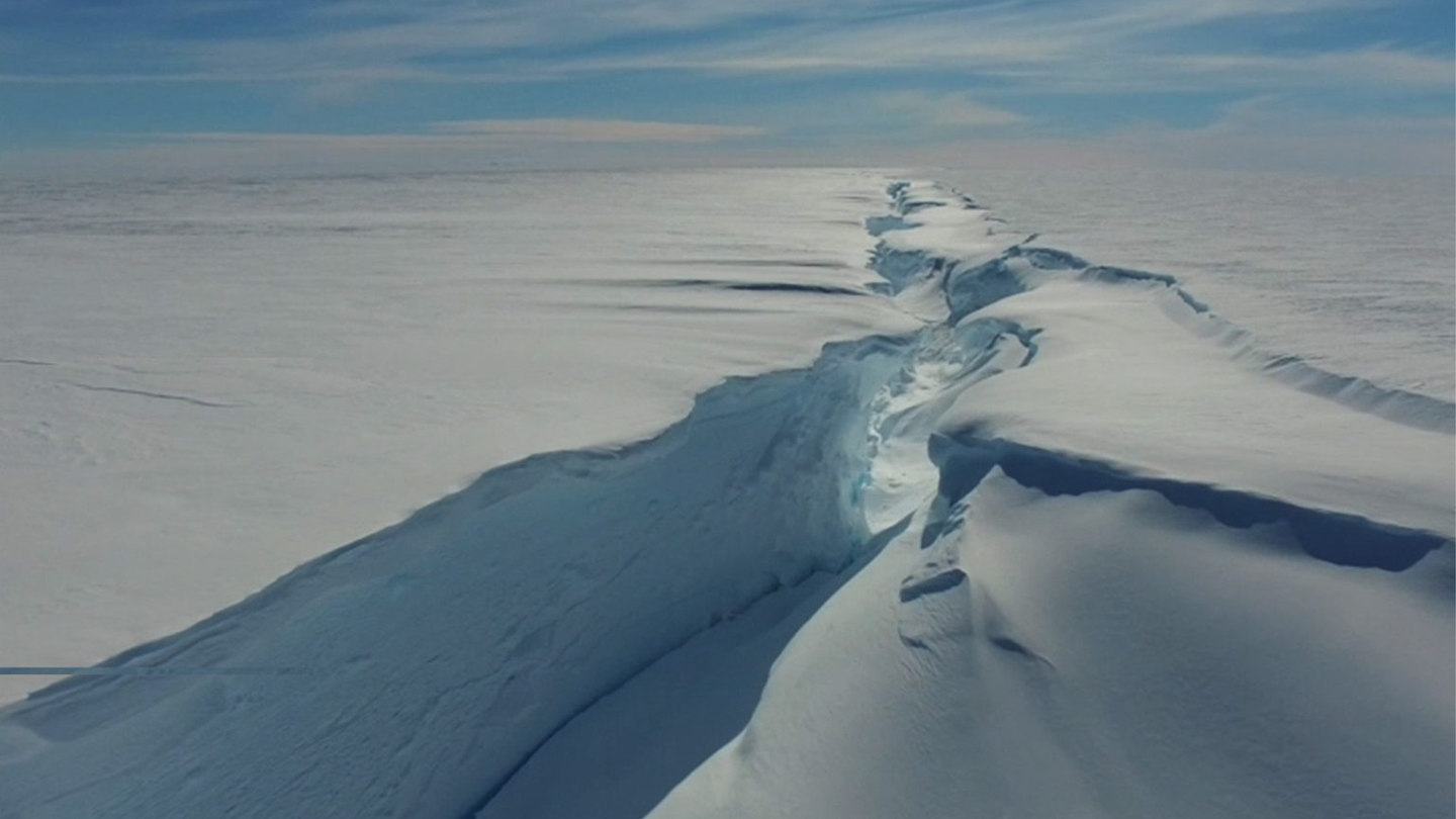 An aerial view of Chasm-1, a crack in Antarctica's Brunt Ice Sheet.