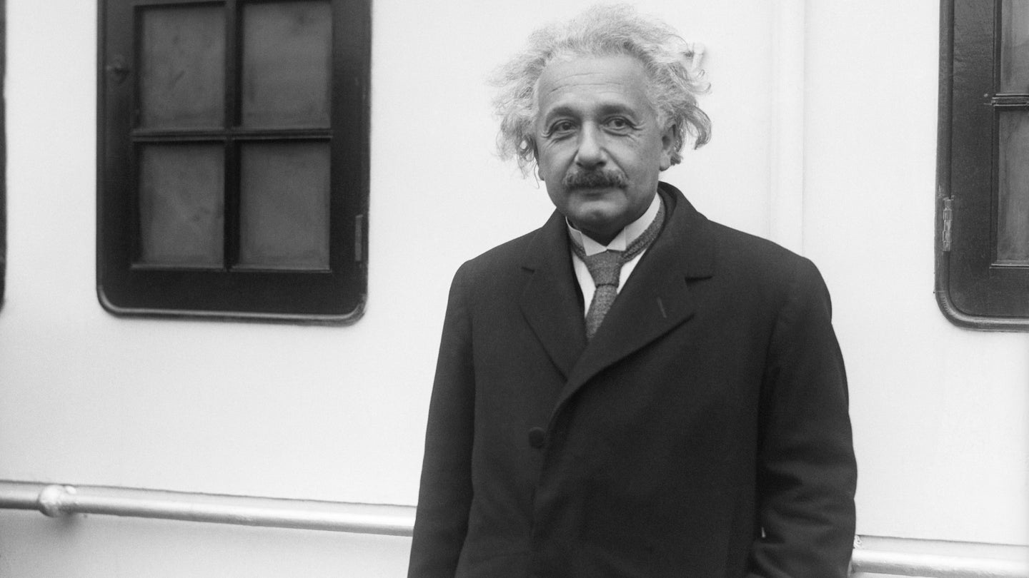 Black and white photo of Albert Einstein