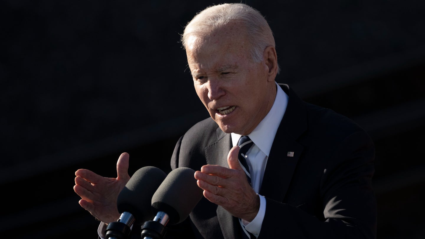 President Joe Biden gesturing and speaking at the Baltimore and Potomac (B&P) Tunnel North Portal on January 30, 2023 in Baltimore, Maryland.