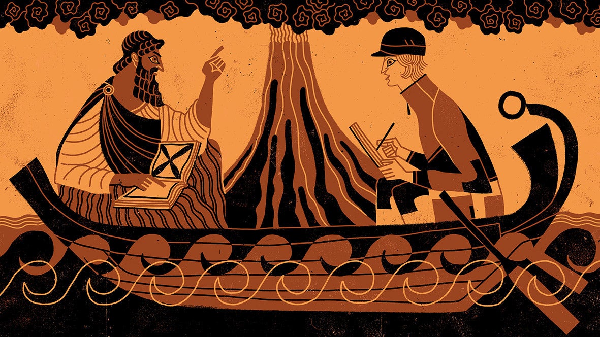 ancient-style illustration of pliny talking to reporter with vesuvius erupting in background