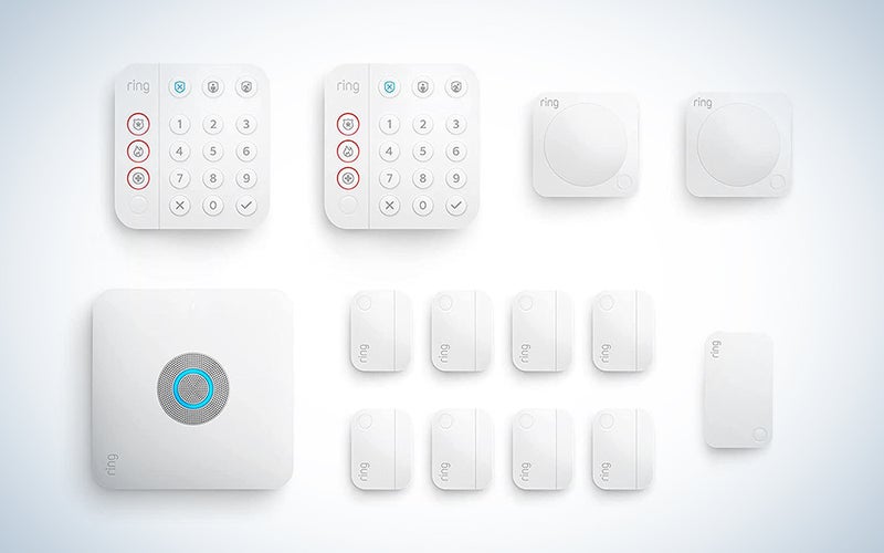 A Ring 14-piece security system on a blue and white background