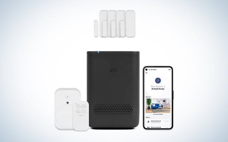 An 8-piece ADT smart home security system on a blue and white background.