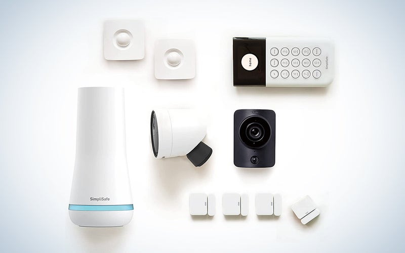 A white SimpliSafe 10-piece smart home security system on a blue and white background.