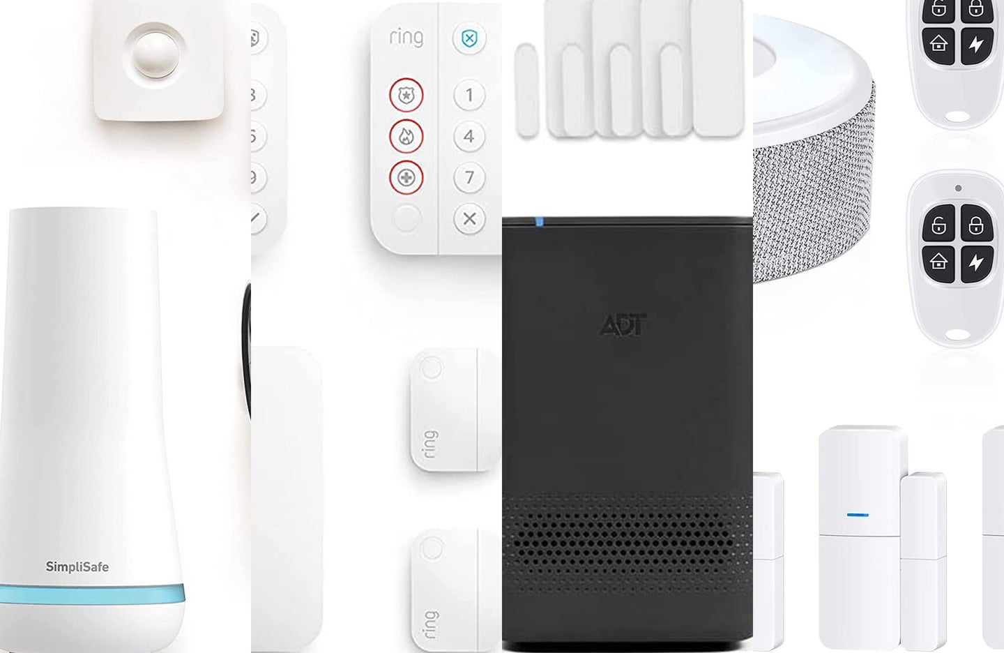 A lineup of the best smart home security systems on a white background.