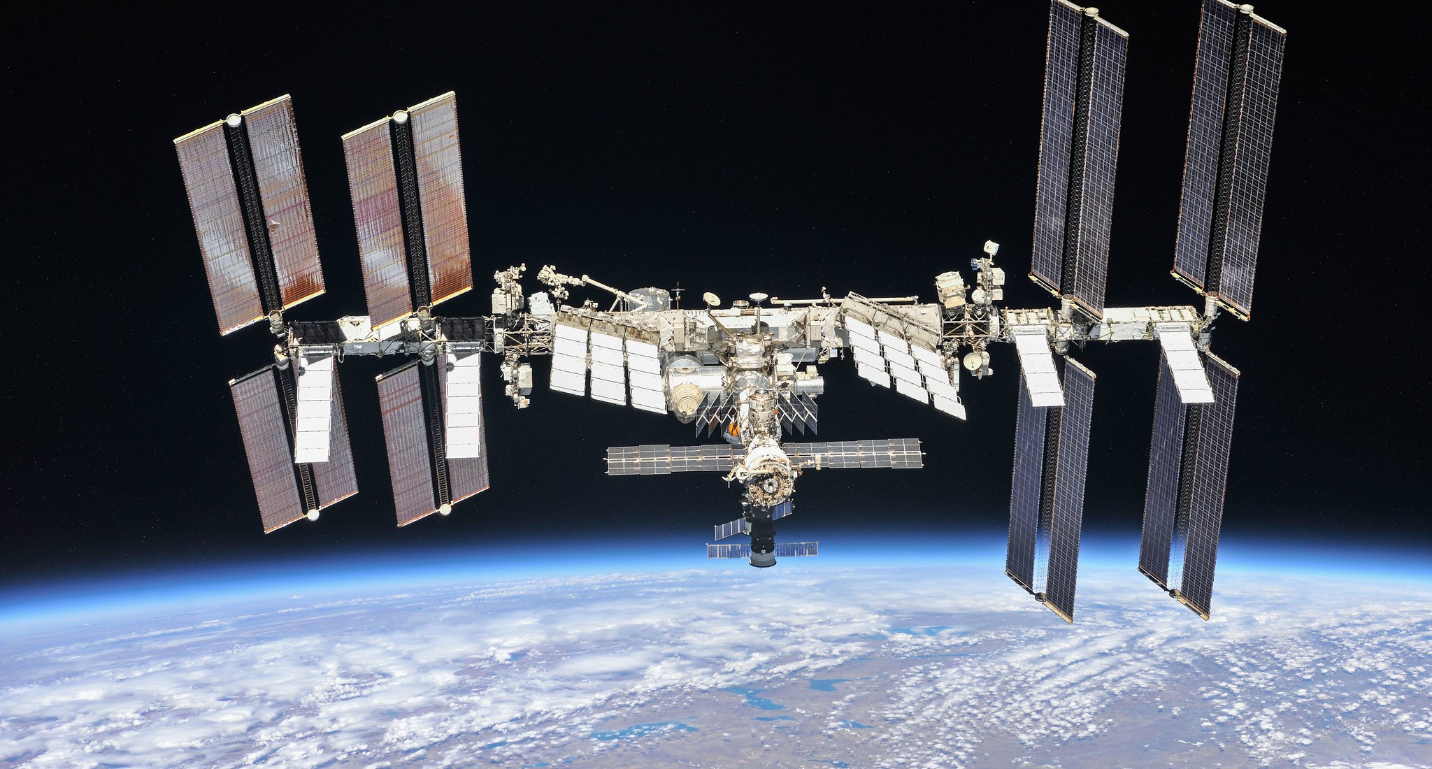 The ISS as imaged by astronauts in the Soyuz capsule.