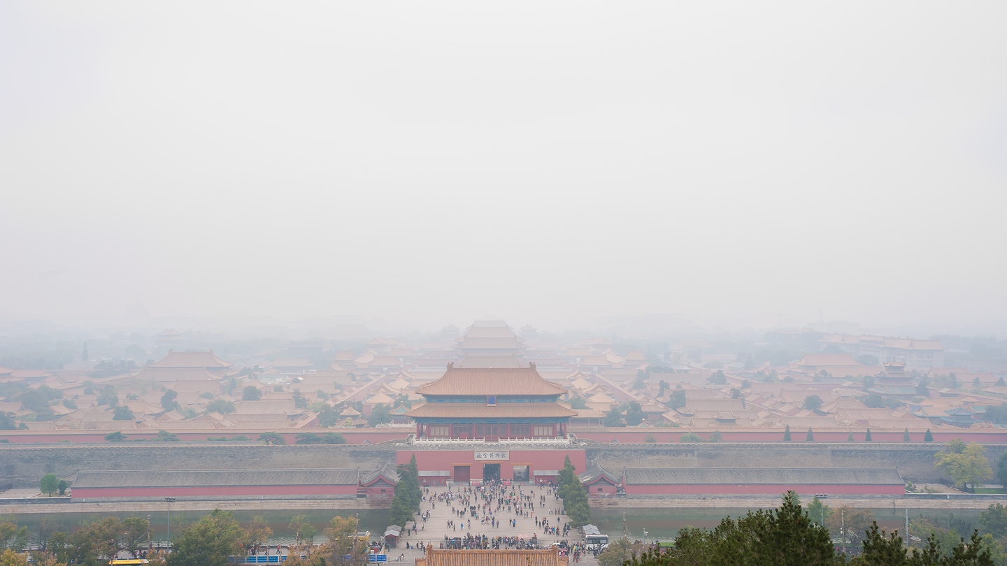 The city of Beijing, China shrouded in a hazy layer of air pollution.