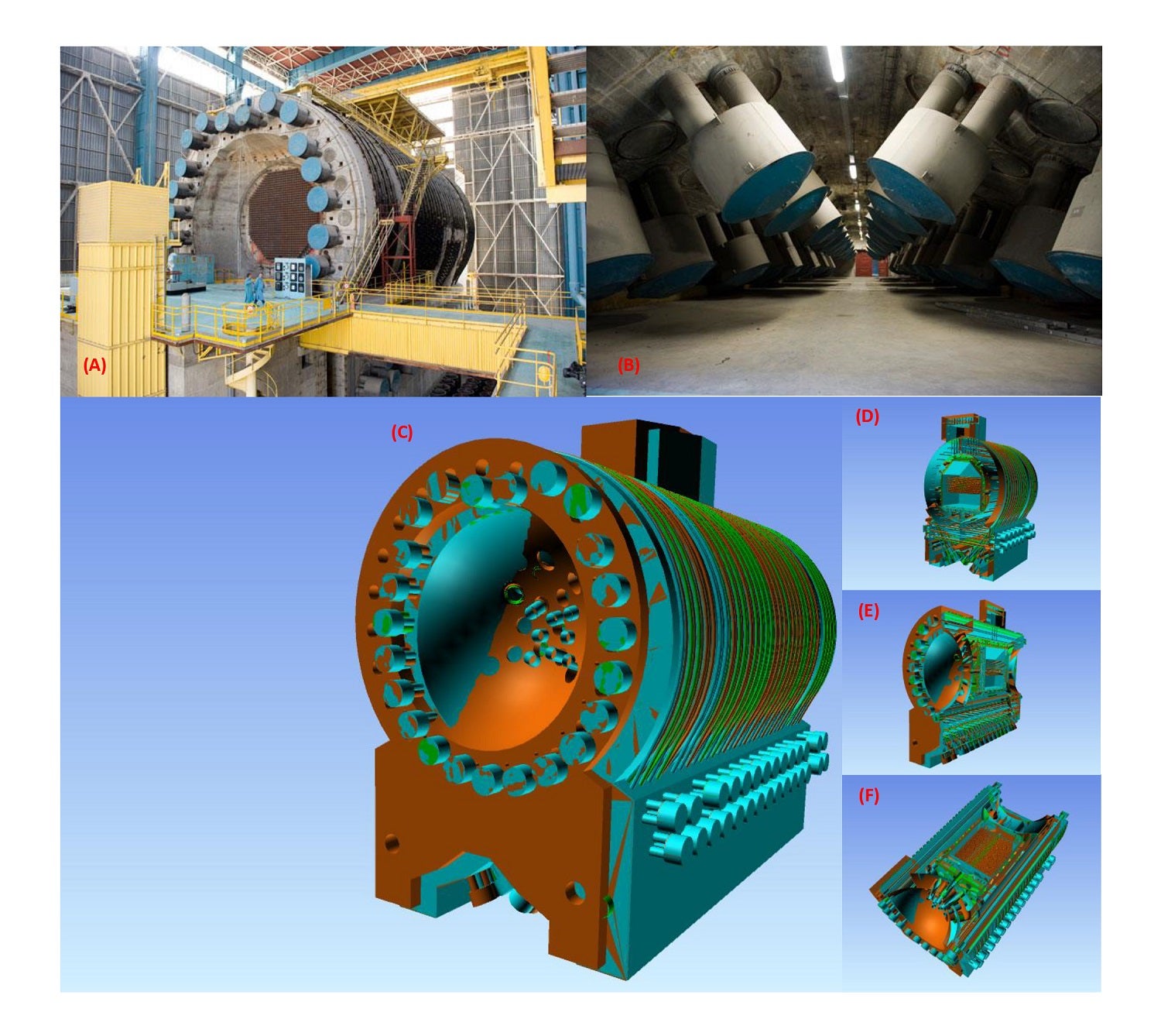 Muon detectors around G2 nuclear reactor in France. Two facility photos and four diagrams.