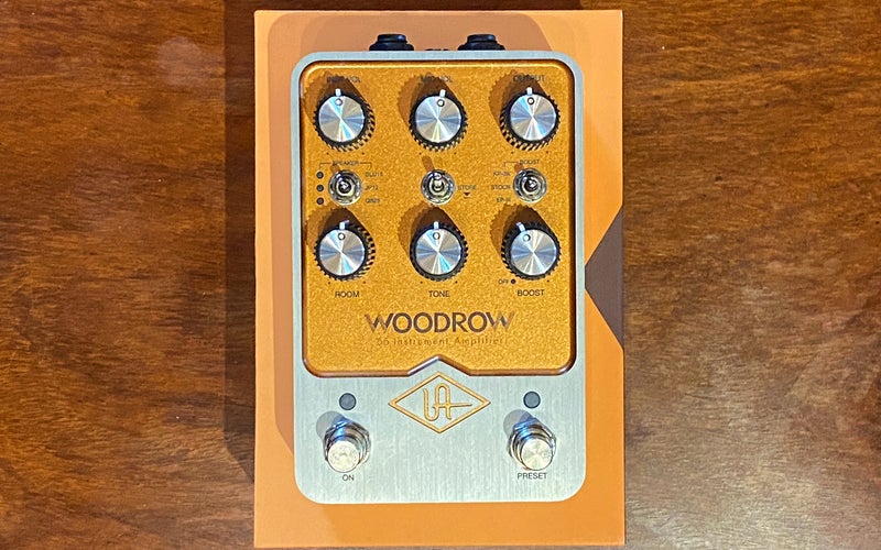 UAFX Woodrow guitar pedal sitting on top of its box