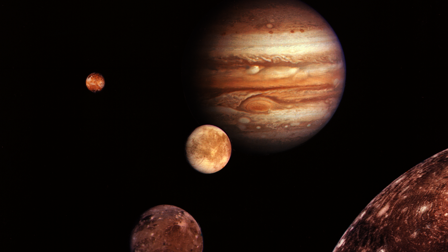 Jupiter and its four planet-size moons, called the Galilean satellites, were first photographed in early March 1979 by Voyager 1 and assembled into this collage. They are not to scale but are in their relative positions.