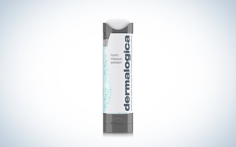 A Dermalogica face mask on a blue and white background.