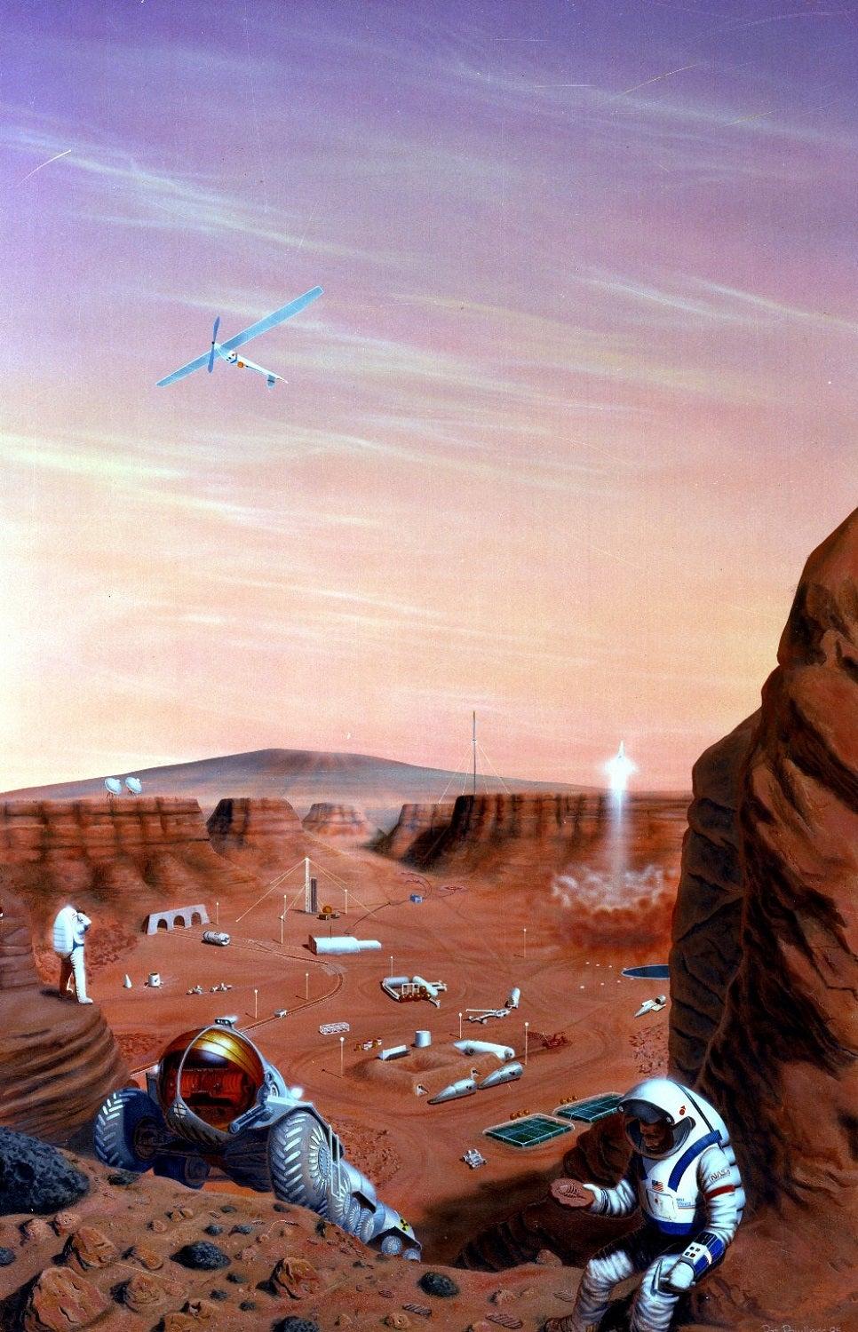 Mars astronauts picking up red rock samples in front of a Martian colony against a purple sky. Illustration.