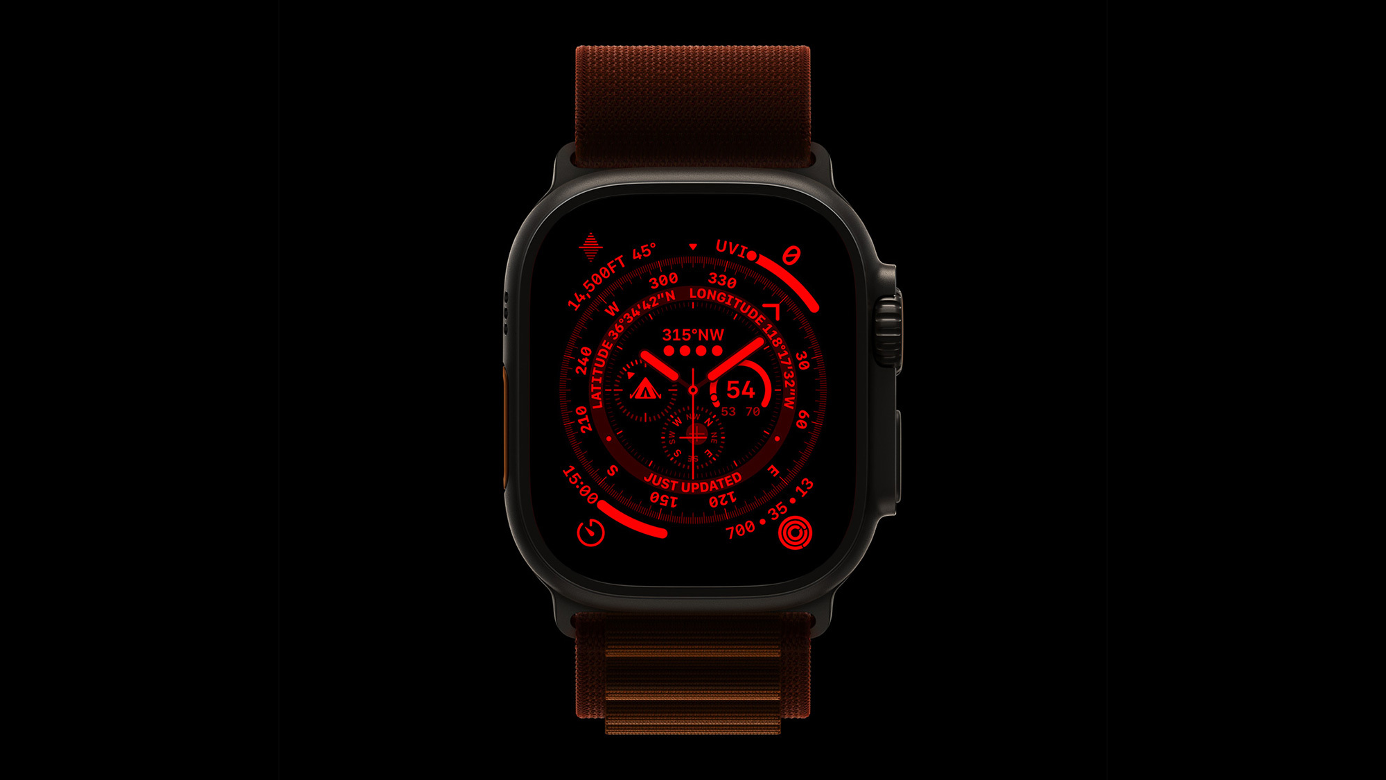 Apple Watch Ultra with a red nighttime face against a black background