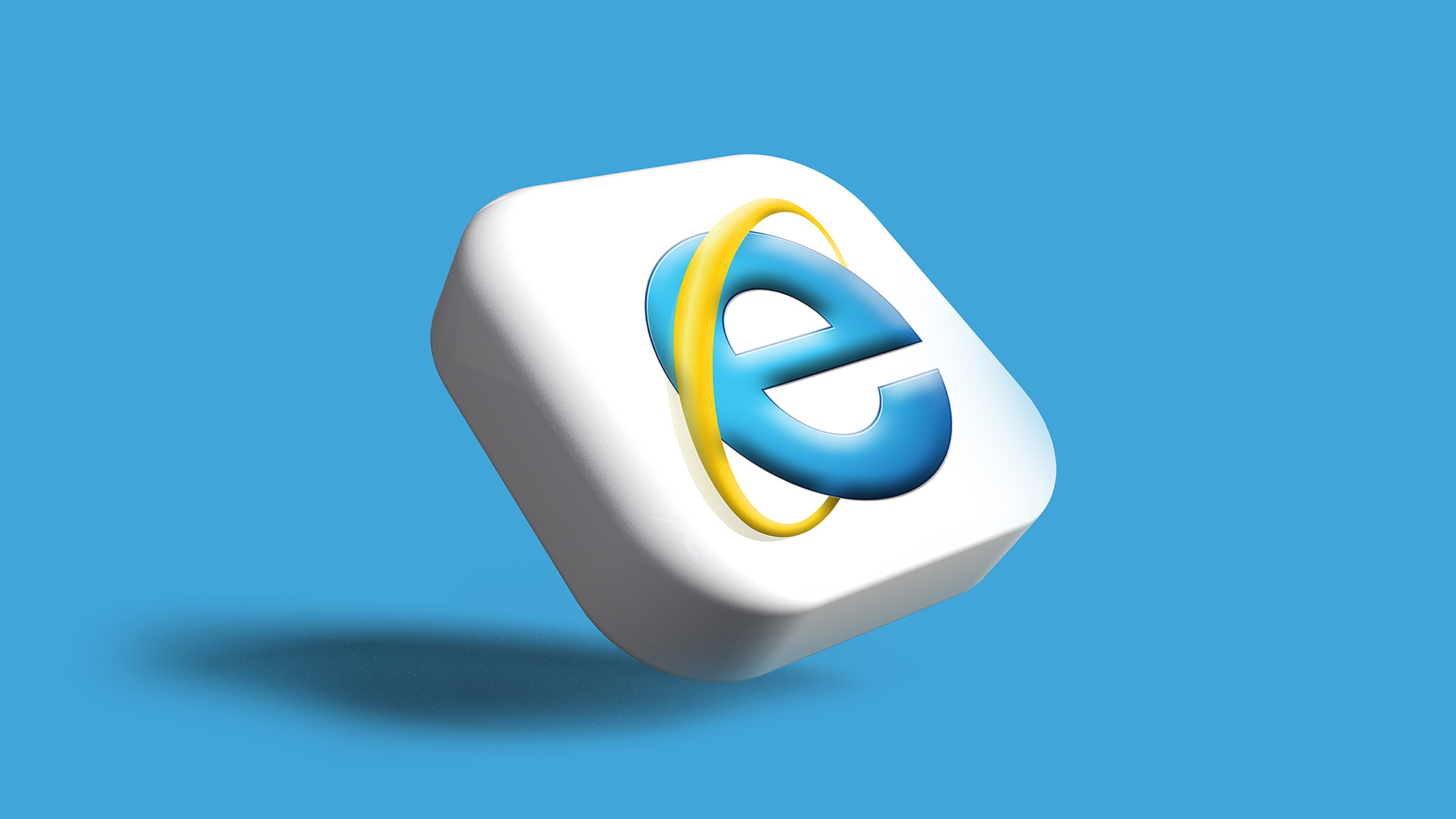 3D rendering of the Internet Explorer logo against a blue background.