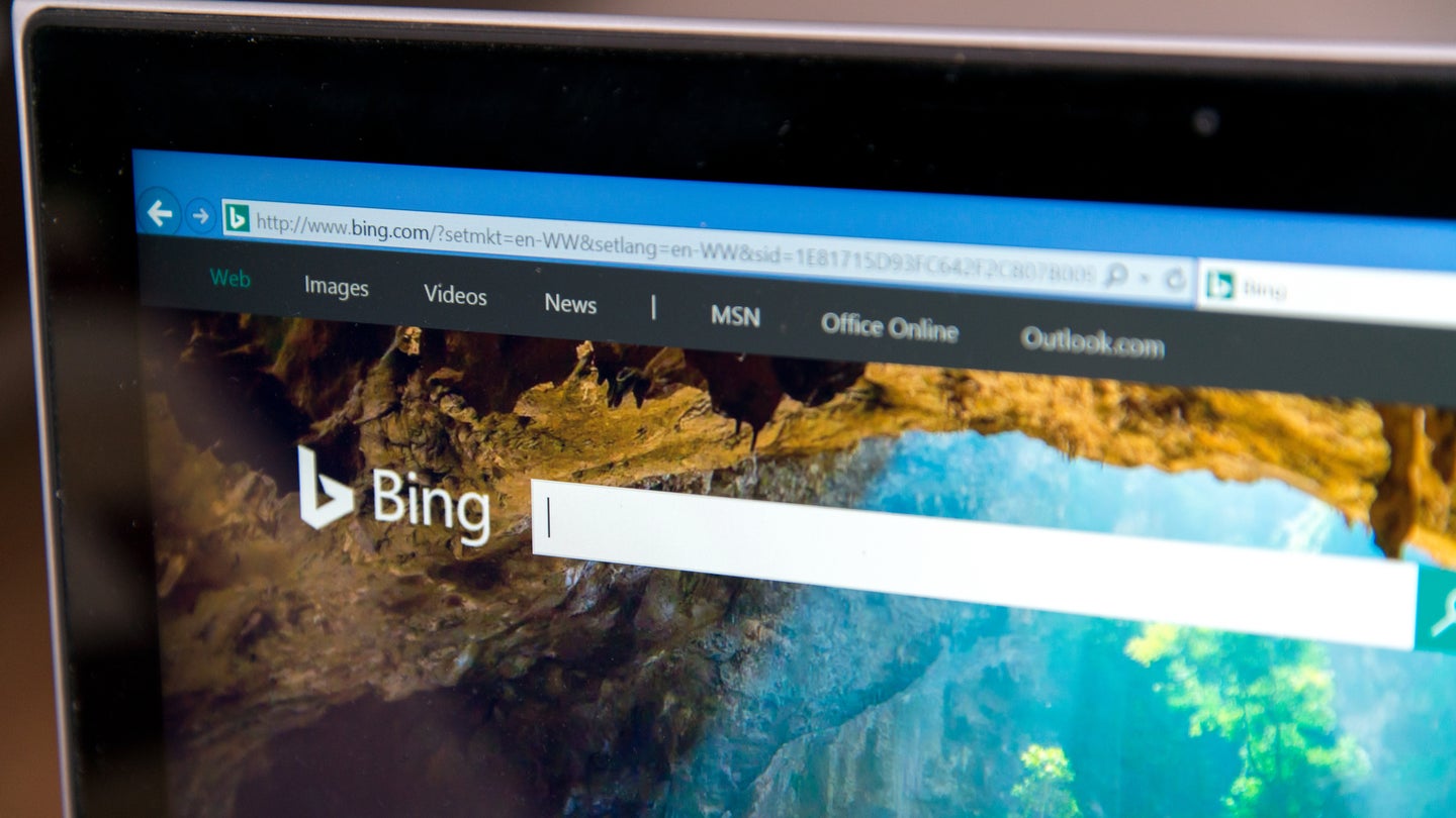 Close up of Bing search engine homepage on computer screen