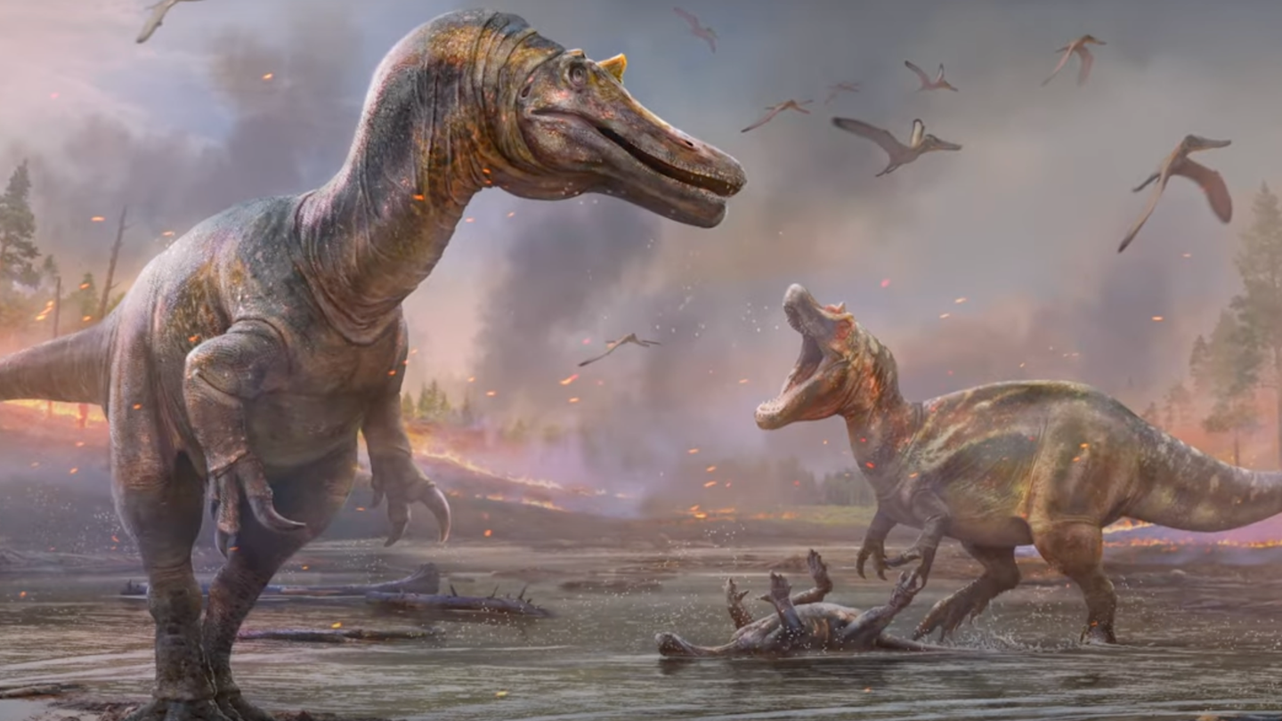 An artist’s impression of two theropod species discovered by scientists at the University of Southampton in 2021, Ceratosuchops inferodios and Riparovenator milnerae.