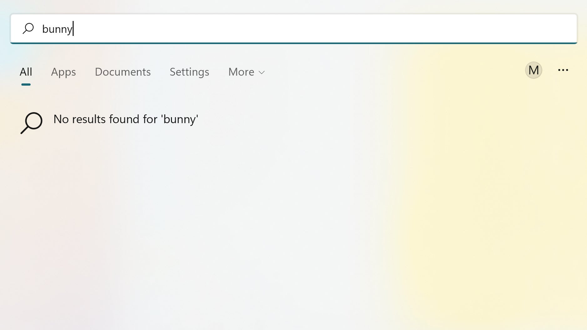 The Windows 11 Start menu search with Bing removed, showing no results for "bunny."