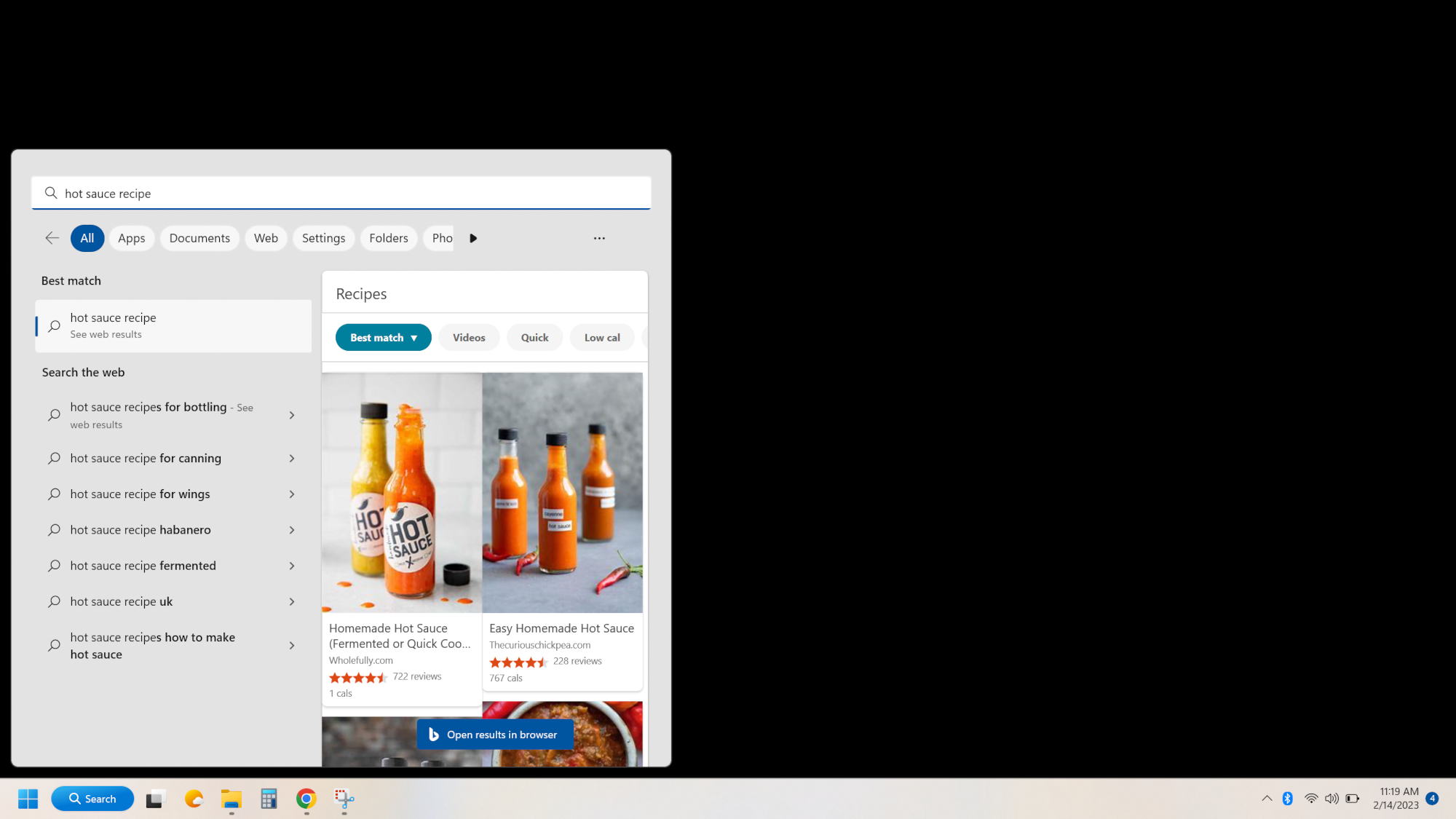 The Windows 11 Start menu against a black background, showing a Bing search for "hot sauce recipe."