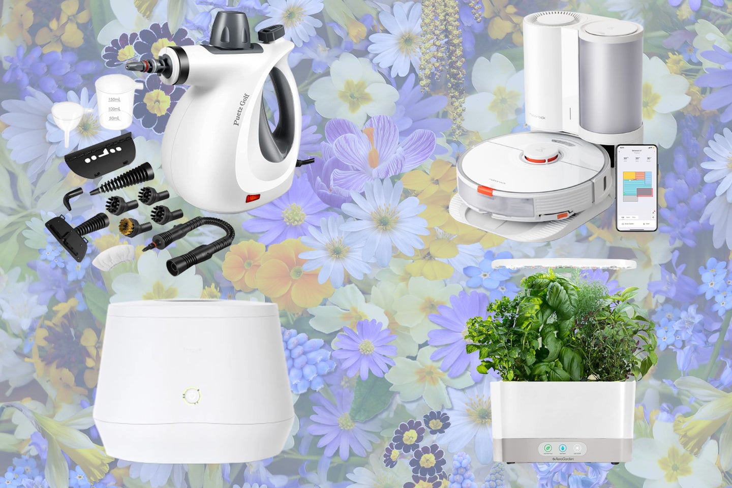 A lineup of products perfect for spring cleaning on a floral background