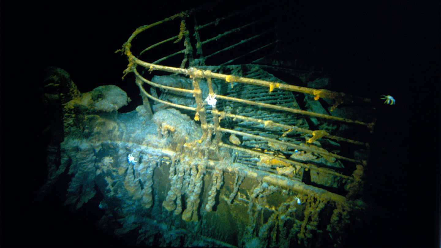 The bow of the RMS Titanic, almost 12,500 feet under the ocean.