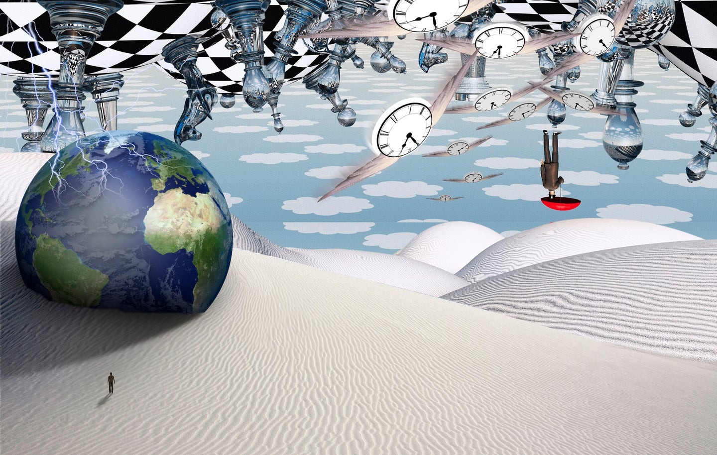 Surrealist digital painting inspired by Dali of flying clocks and chess pieces upside down over sand and the Earth. The motifs symbolize the leap second.