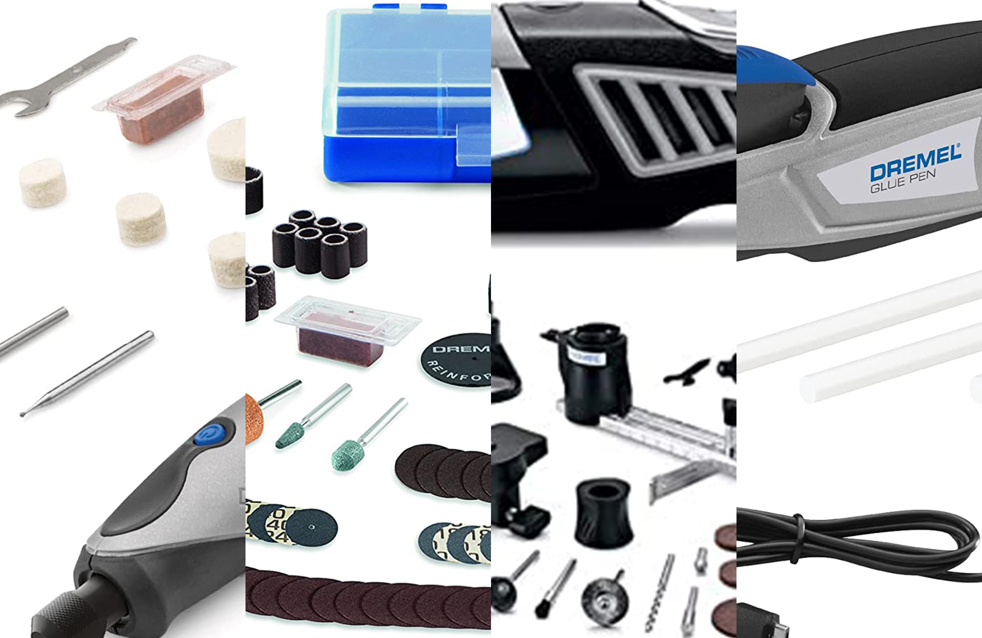 A lineup of Dremel products on a white background