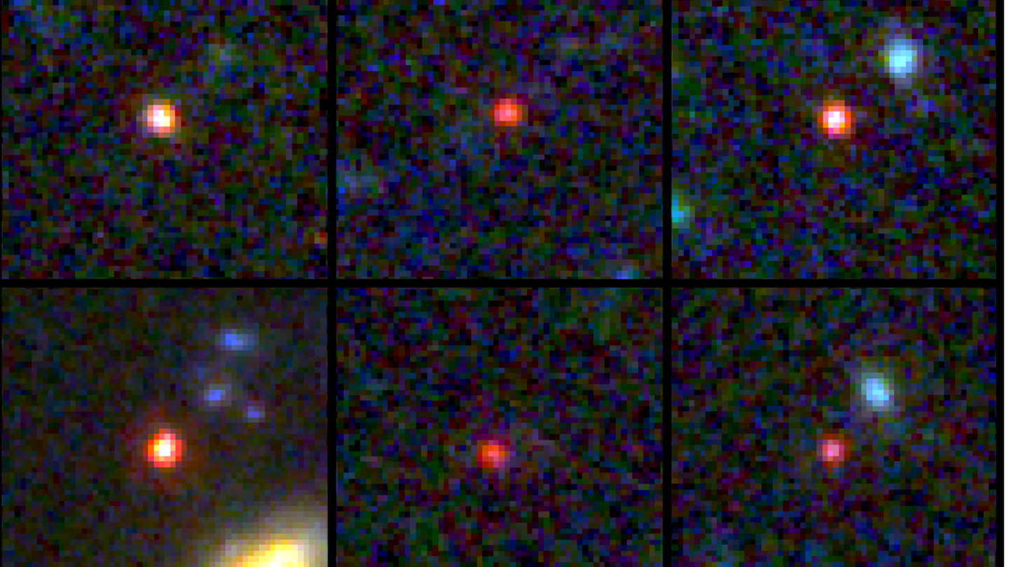 Six faint circular object glow in space. These are images of six candidate massive galaxies, seen 500-800 million years after the Big Bang.