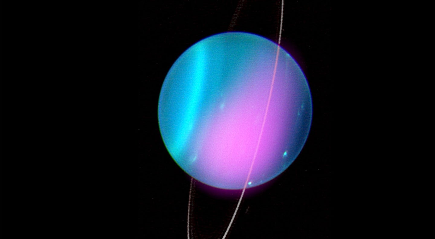 An optical image from the Keck-I Telescope superimposed on a Chandra X-ray image of Uranus.