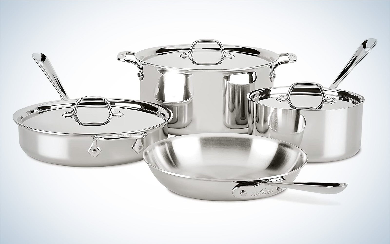 All-clad induction cookware on a plain background