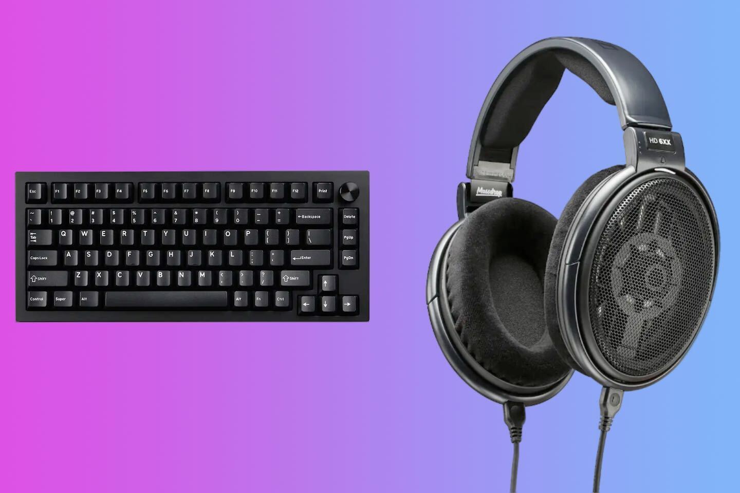 Headphones and a DROP keyboard on a pink, blue, and purple gradient background.