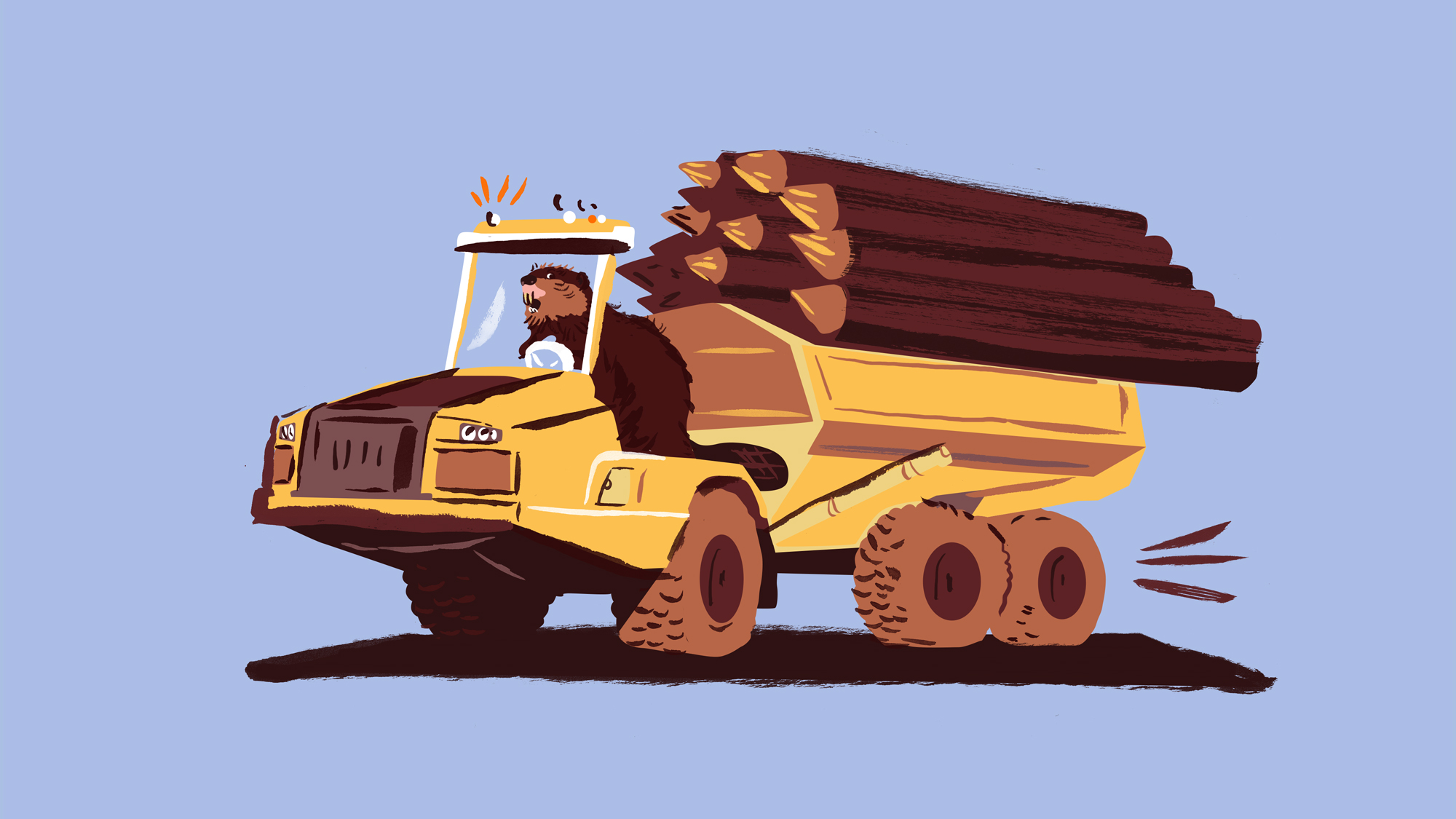 Beaver driving construction truck with logs on back to symbolize ecosystem engineer. Illustrated in purple, yellow, and brown.