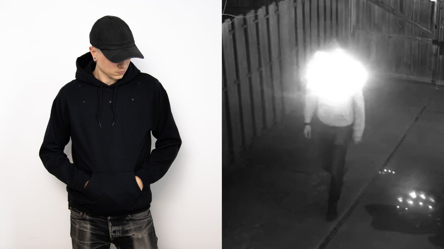 Side-by-side of man wearing black hoodie and surveillance camera footage of him walking with LED lights blinding face