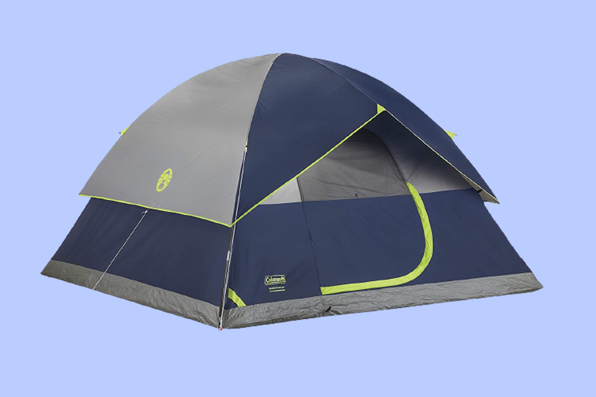A Coleman camping tent on a periwinkle background