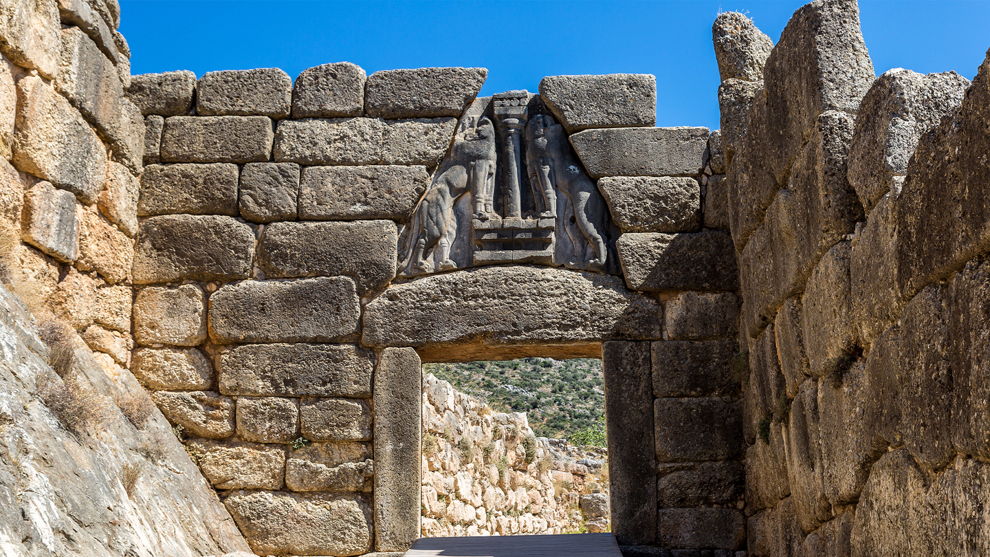 The entrance to the Mycenae citadel in Greece called the Lion Gate.