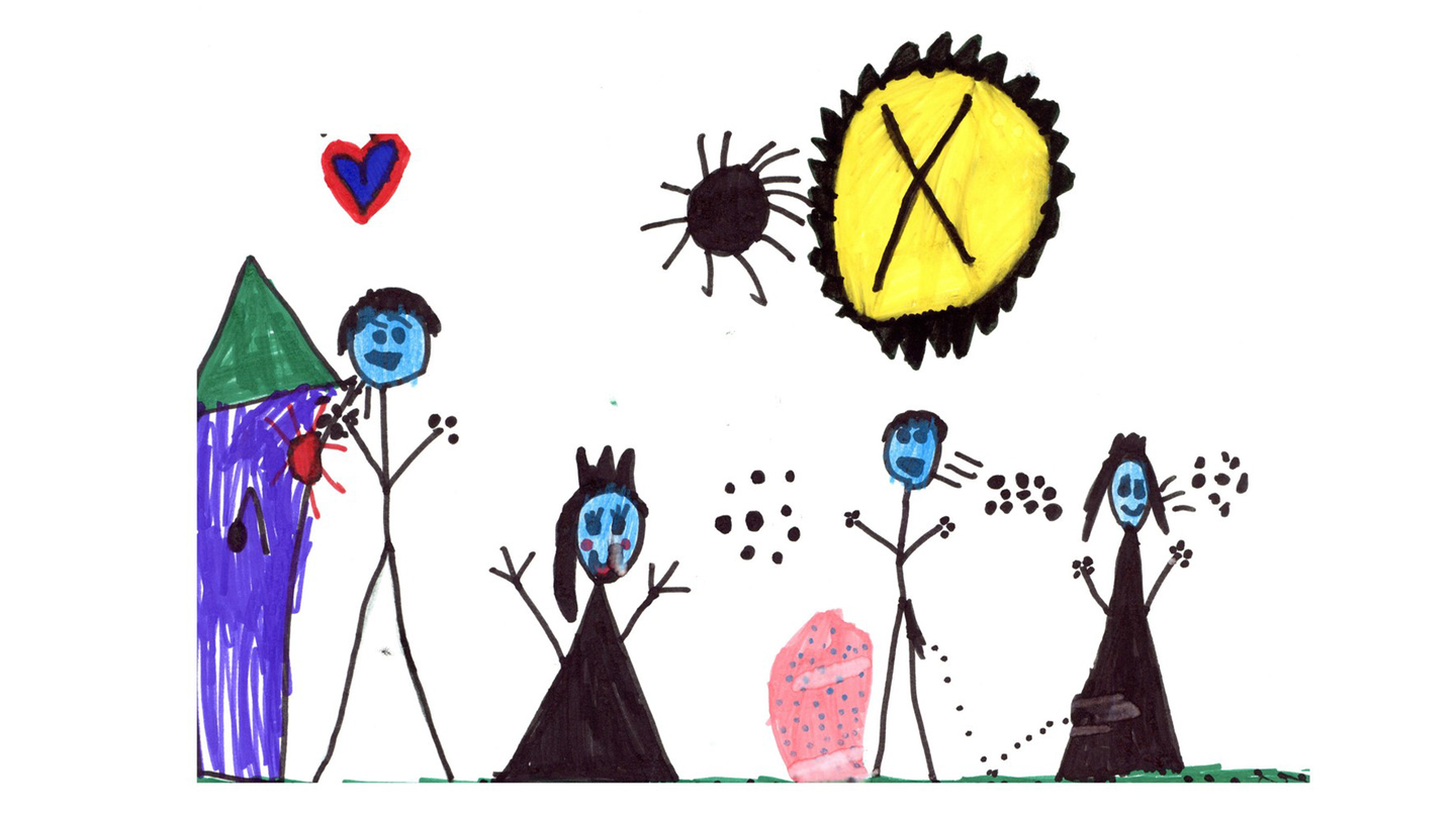 A drawing made by a five year-old child in Sweden with the description, “A boy coughed and put his hands over there (on the house) and someone came and touched it, then they got sick. X means that you shouldn't go outside and catch bacteria. The bacteria are underground. Blue faces mean you feel sick.”