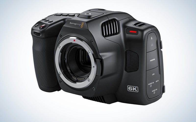 Blackmagic 6K video camera on a plain background.
