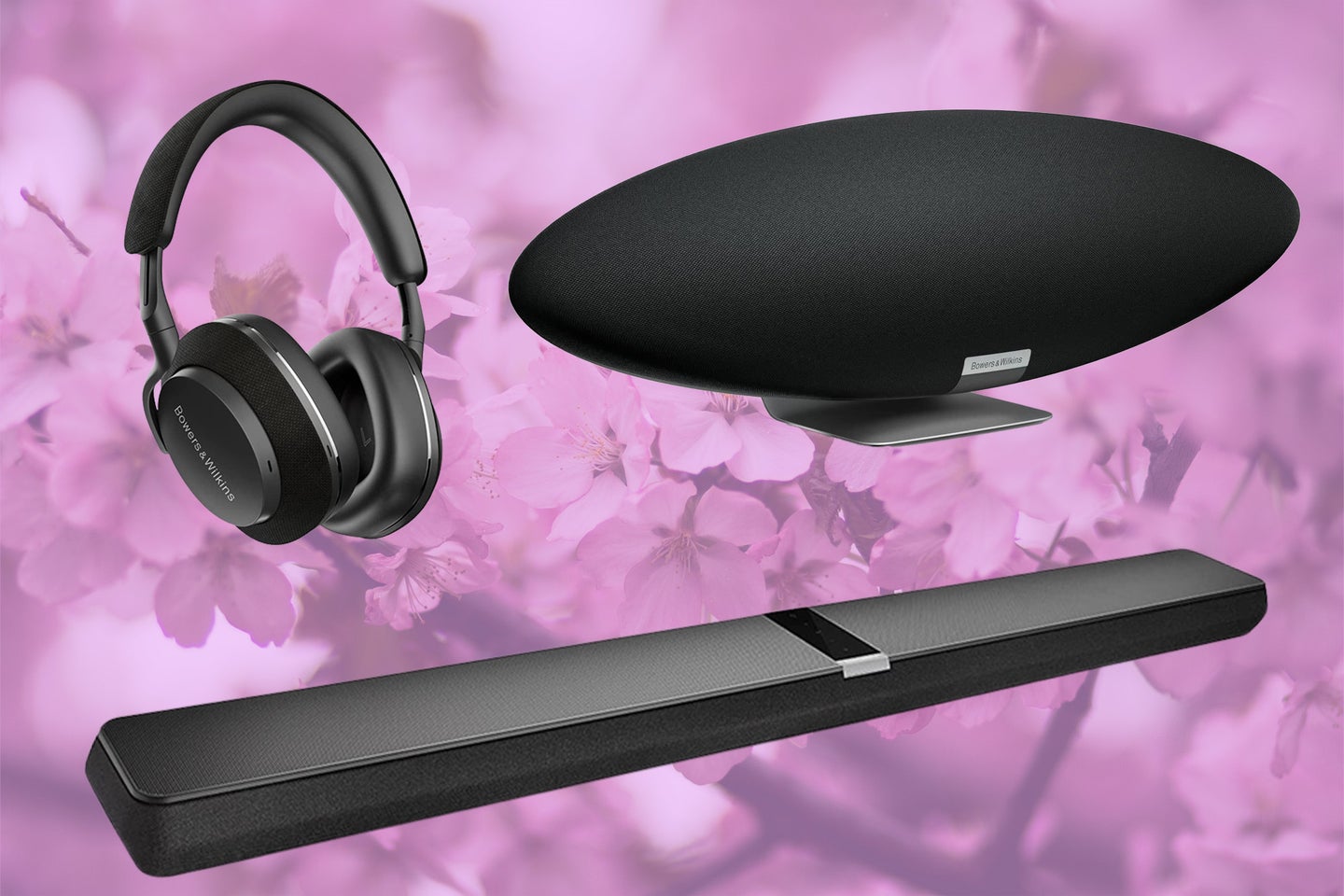A variety of Bowers & Wilkins products on a cherry blossom background